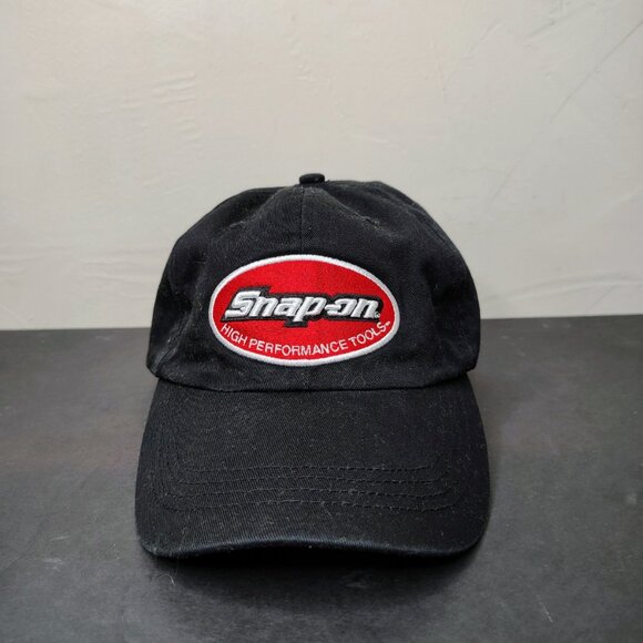 VINTAGE Snap On Hat Cap Strap Back Black Red Embroidered Logo - Picture 1 of 11